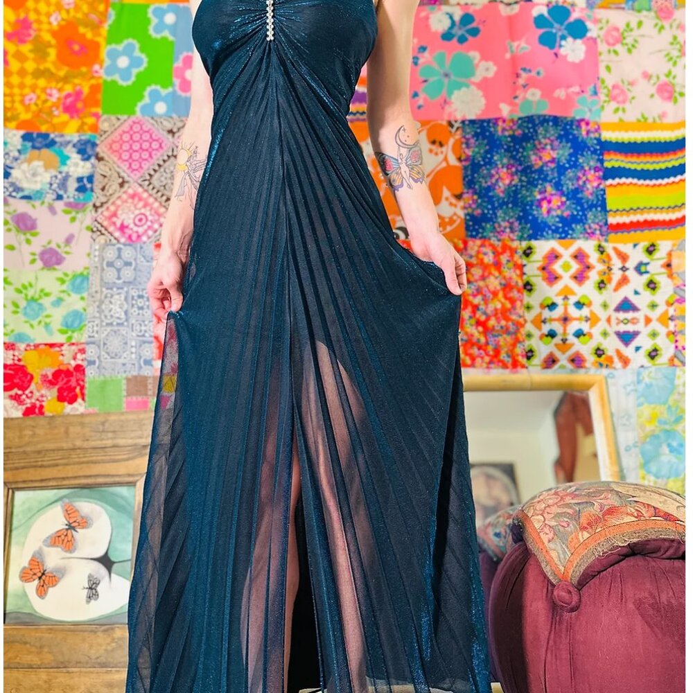 Vintage Y2K Blue Metallic Sparkle Pleated Maxi Party Halter Dress Size XS